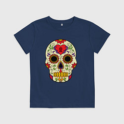 Футболка хлопковая детская Череп с замочком, с подсолнухами и цветами, цвет: тёмно-синий