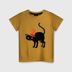 Футболка хлопковая детская Чёрный хэллоуинский котик, цвет: горчичный
