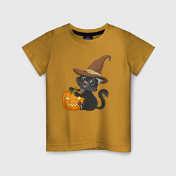 Футболка хлопковая детская Чёрный котик в шляпе и с тыквой, цвет: горчичный