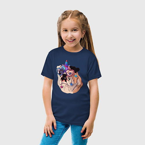 Детская футболка Праздничный бульдог - единорог / Тёмно-синий – фото 4