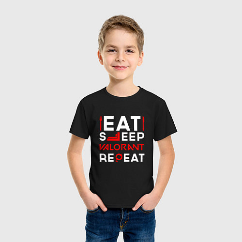Детская футболка Надпись eat sleep Valorant repeat / Черный – фото 3