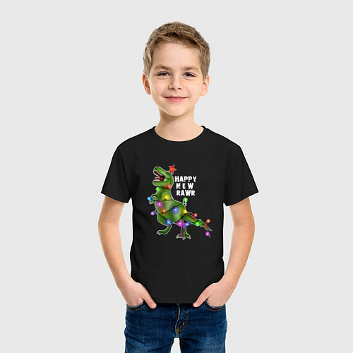 Детская футболка Новогодний динозавр елочка гори / Черный – фото 3