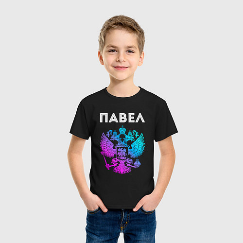 Детская футболка Павел и неоновый герб России: символ и надпись / Черный – фото 3