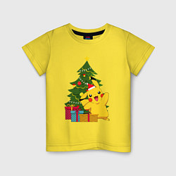 Футболка хлопковая детская Новогодний Пикачу и елка, цвет: желтый