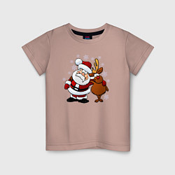 Футболка хлопковая детская Санта и олень, цвет: пыльно-розовый