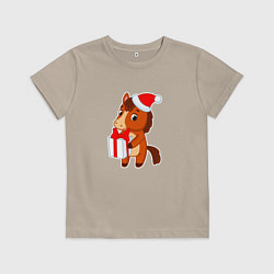 Футболка хлопковая детская Мультяшная лошадка в шапке Санты, цвет: миндальный