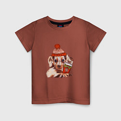 Футболка хлопковая детская Щенок в зимней шапке и с кофе, цвет: кирпичный
