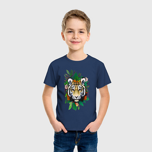 Детская футболка Голова Тигра среди листьев и цветов, Тигр символ 2 / Тёмно-синий – фото 3