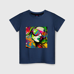 Футболка хлопковая детская Женское лицо в солнцезащитных очках, граффити поп, цвет: тёмно-синий