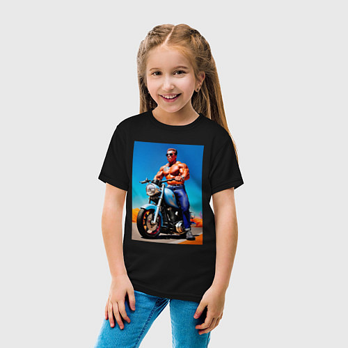 Детская футболка Arnold Schwarzenegger on a motorcycle -neural netw / Черный – фото 4