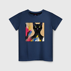 Футболка хлопковая детская Черный кот из нейросети, цвет: тёмно-синий