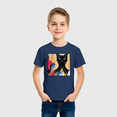 Детская футболка Черный кот из нейросети / Тёмно-синий – фото 3