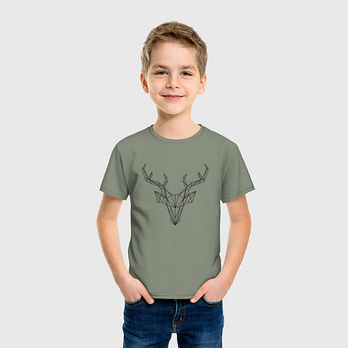 Детская футболка Черная полигональная голова оленя / Авокадо – фото 3