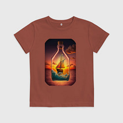 Футболка хлопковая детская Корабль в бутылке в море, цвет: кирпичный