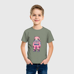 Футболка хлопковая детская Розовый мишка космонавт, цвет: авокадо — фото 2