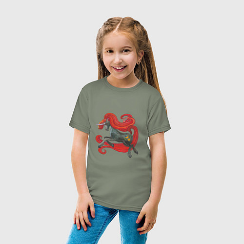 Детская футболка Серый единорог с красной гривой / Авокадо – фото 4