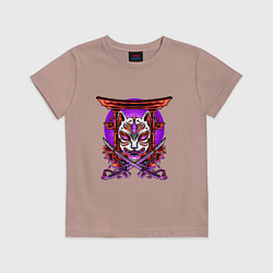 Футболка хлопковая детская Kitsune японское аниме маска, цвет: пыльно-розовый