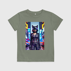 Футболка хлопковая детская Крутая кисуля - киберпанк - Нью-Йорк, цвет: авокадо