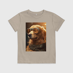 Футболка хлопковая детская Золотистый ретривер в золотых очках, цвет: миндальный