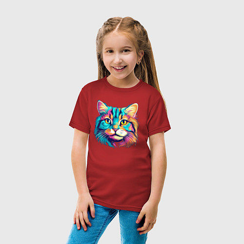 Детская футболка Красивый кислотный кот улыбается / Красный – фото 4