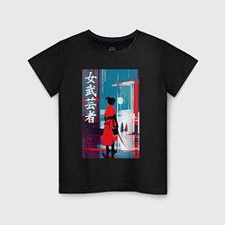 Футболка хлопковая детская Онна-бугэйся - девушка-самурай - иероглифы - Япони, цвет: черный
