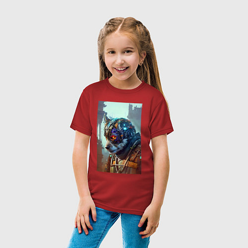 Детская футболка Одноухий пёс - киберпанк - нейросеть / Красный – фото 4