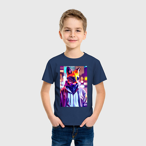 Детская футболка Cyber fox - neon - city / Тёмно-синий – фото 3