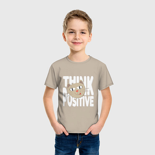 Детская футболка Забавный кот и надпись Think positive / Миндальный – фото 3