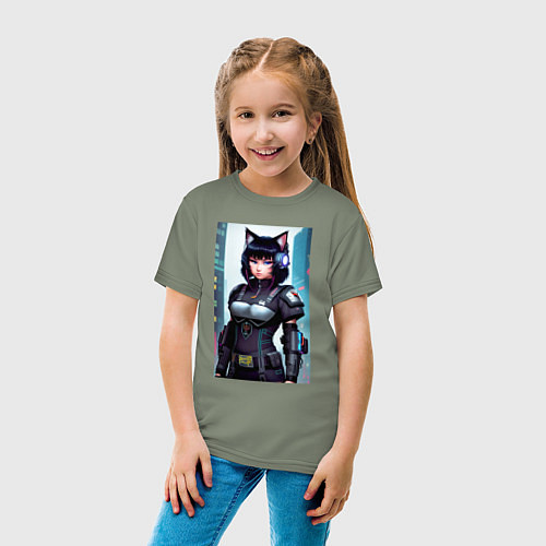 Детская футболка Девчонка-кошка - киберпанк - нейросеть / Авокадо – фото 4