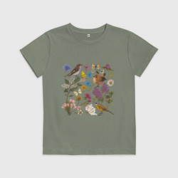 Футболка хлопковая детская Цветение и птички, цвет: авокадо