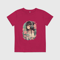 Детская футболка Девочка в стиле анимэ в наушниках среди цветов пор