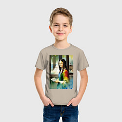 Футболка хлопковая детская Мона Лиза в библиотеке - нейросеть - акварель, цвет: миндальный — фото 2