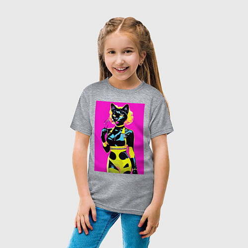 Детская футболка Black cat - fashionista - pop art - neural network / Меланж – фото 4