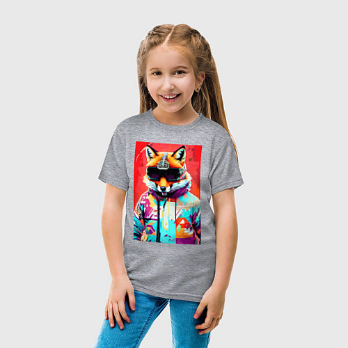 Детская футболка Лисица в тёмных очках - поп-арт - нейросеть / Меланж – фото 4