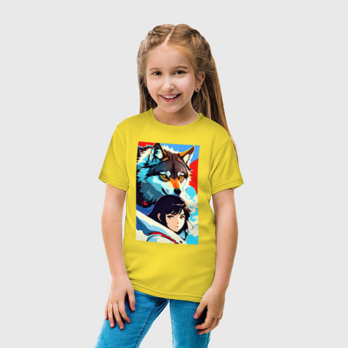 Детская футболка Девочка и волк - аниме - нейросеть / Желтый – фото 4