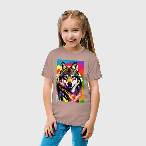 Детская футболка Красочный волк - поп-арт - нейросеть / Пыльно-розовый – фото 4