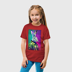 Футболка хлопковая детская Неоновый модный заяц - нейросеть, цвет: красный — фото 2
