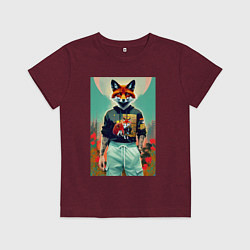 Футболка хлопковая детская Лис в татухах - спортсмен, цвет: меланж-бордовый