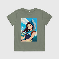 Футболка хлопковая детская Девочка и океан, цвет: авокадо