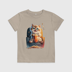 Футболка хлопковая детская Веселый котик с попкорном, цвет: миндальный