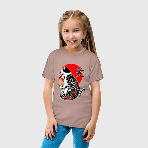 Детская футболка Котик - якудза и иероглиф / Пыльно-розовый – фото 4
