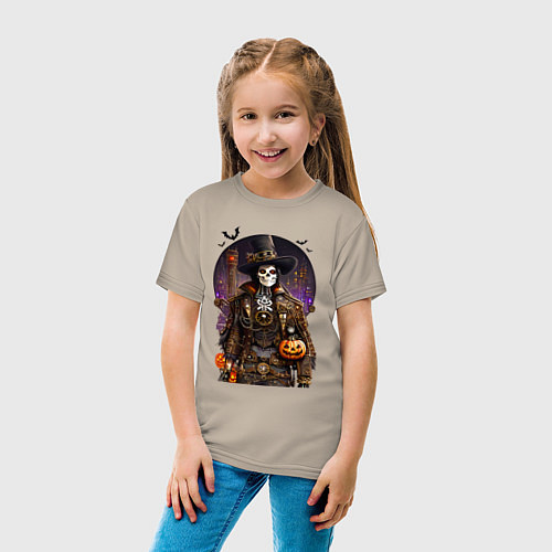 Детская футболка Скелет в стиле стимпанк - хэллоуин / Миндальный – фото 4