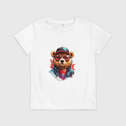 Детская футболка Модный медведь в кепке и в очках