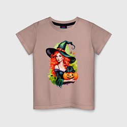 Детская футболка Рыжая ведьма с тыквой и черным котом