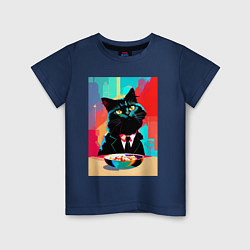Футболка хлопковая детская Чёрный котик джентльмен - нейросеть, цвет: тёмно-синий