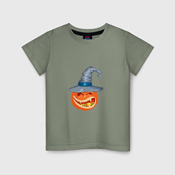 Футболка хлопковая детская Тыква на Хэллоуин в шляпе с конфетами, цвет: авокадо