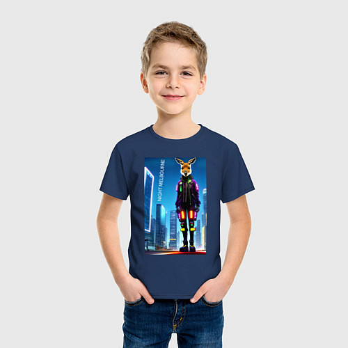 Детская футболка Кенгуру в ночном Мельбурне - киберпанк / Тёмно-синий – фото 3