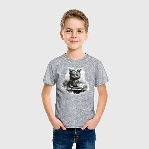 Детская футболка Недовольный кот с кофе / Меланж – фото 3