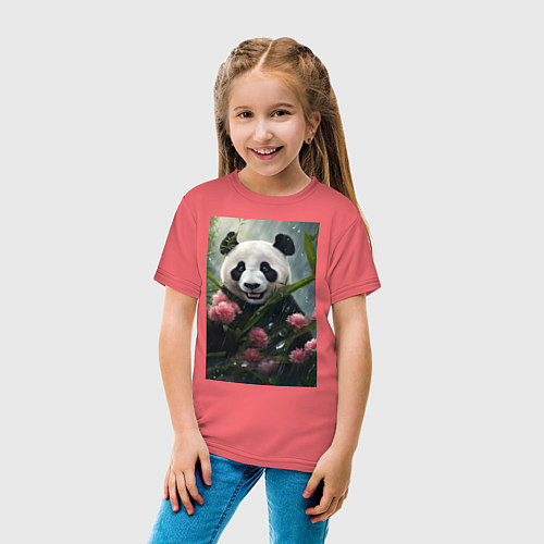 Детская футболка Панда в цветах под дождём - нейросеть / Коралловый – фото 4
