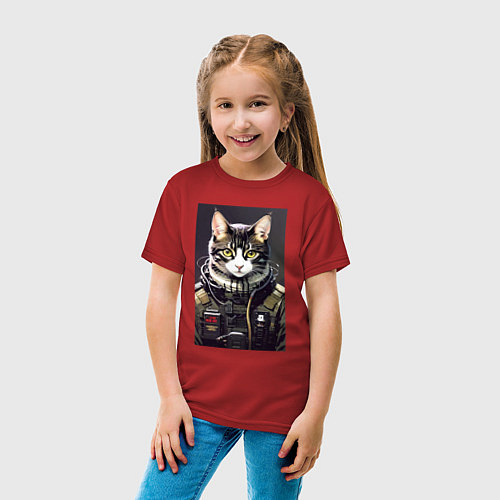 Детская футболка Крутой кот - киберпанк - нейросеть / Красный – фото 4
